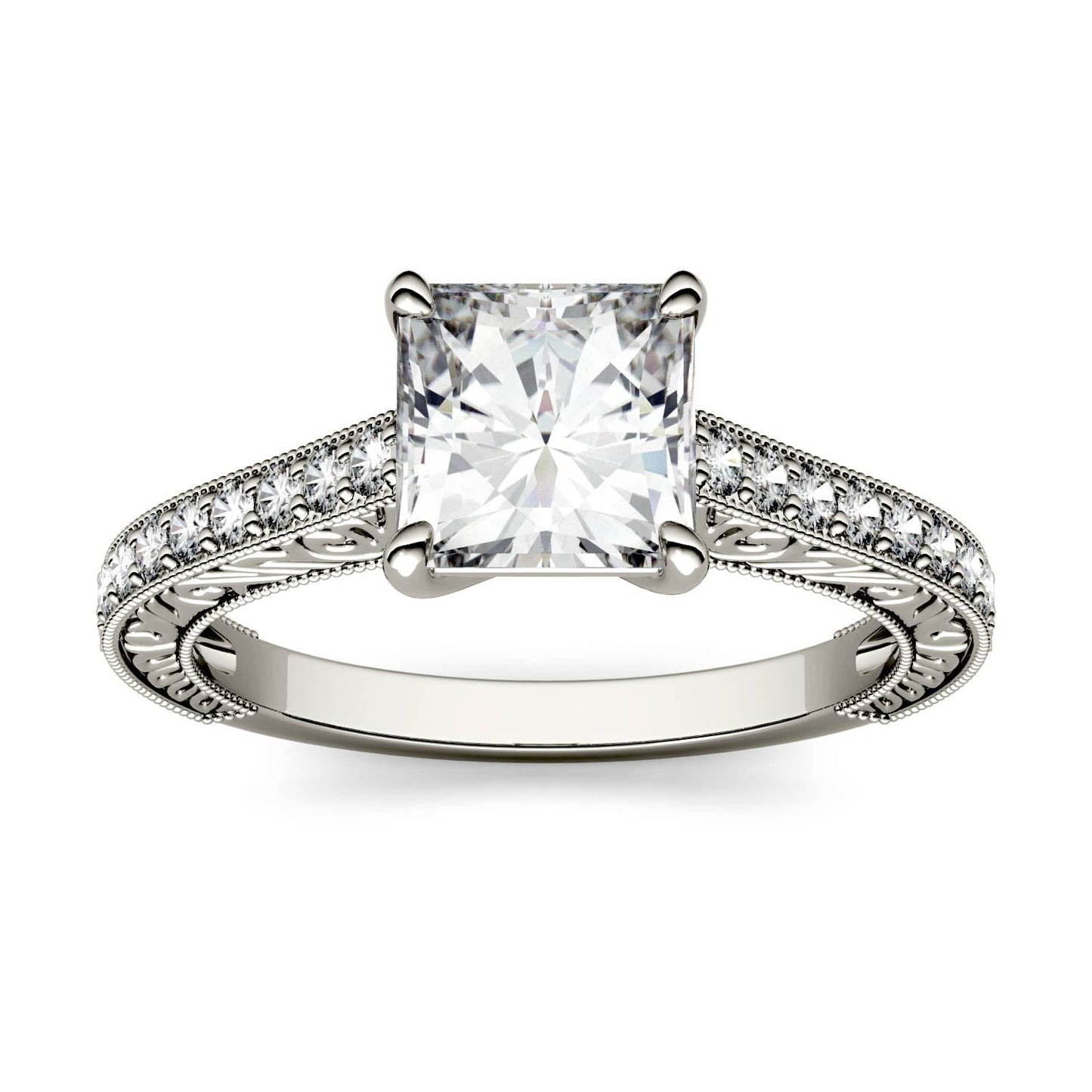 1.94 CTW DEW Square Moissanite Side-Stone Trellis Engagement Ring in 14K White Gold