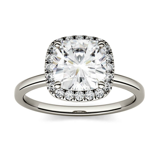 1.43 CTW DEW Cushion Moissanite Engagement Ring in 14K White Gold