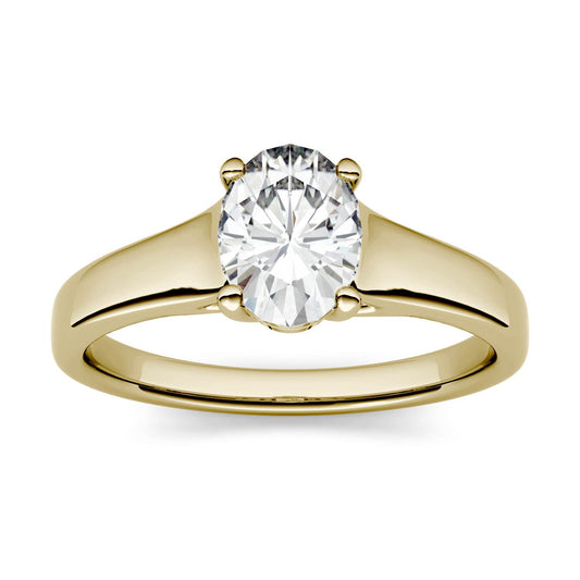 1.50 CTW DEW Oval Moissanite Trellis Solitaire Engagement Ring in 14K Yellow Gold