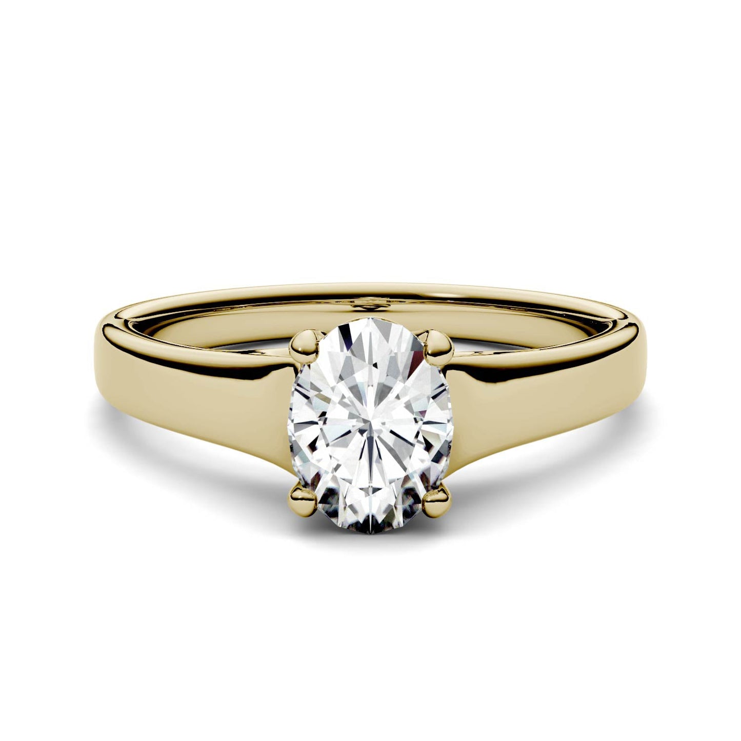 1.50 CTW DEW Oval Moissanite Trellis Solitaire Engagement Ring in 14K Yellow Gold