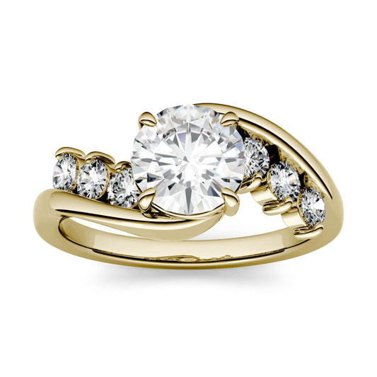 1.38 CTW DEW Round Moissanite Bypass Side-Stone Engagement Ring in 14K Yellow Gold