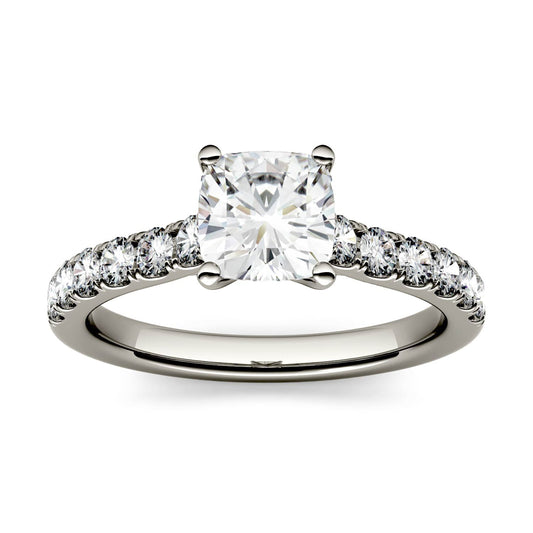 1.46 CTW DEW Cushion Moissanite Engagement Ring in 14K White Gold