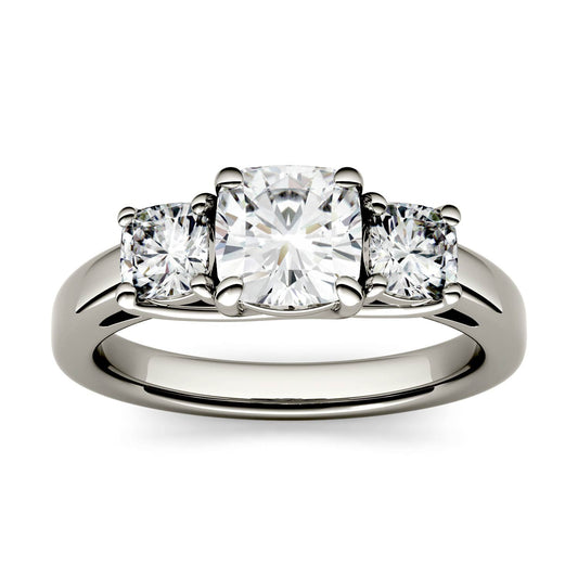 1.76 CTW DEW Cushion Moissanite Three-Stone Ring in 14K White Gold