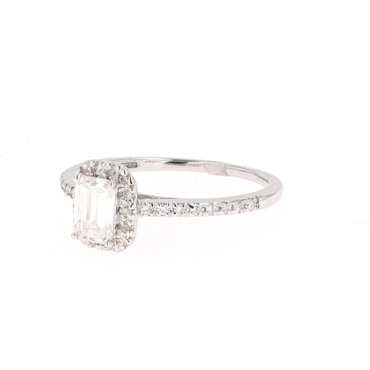 0.73 CTW DEW Emerald Moissanite Accented Halo Engagement Ring in 14K White Gold