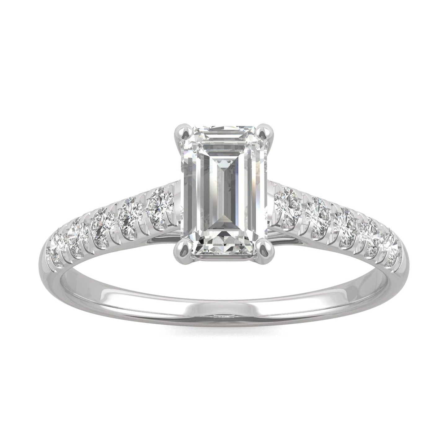 1.24 CTW DEW Emerald Moissanite Side-Stone Engagement Ring in 14K White Gold