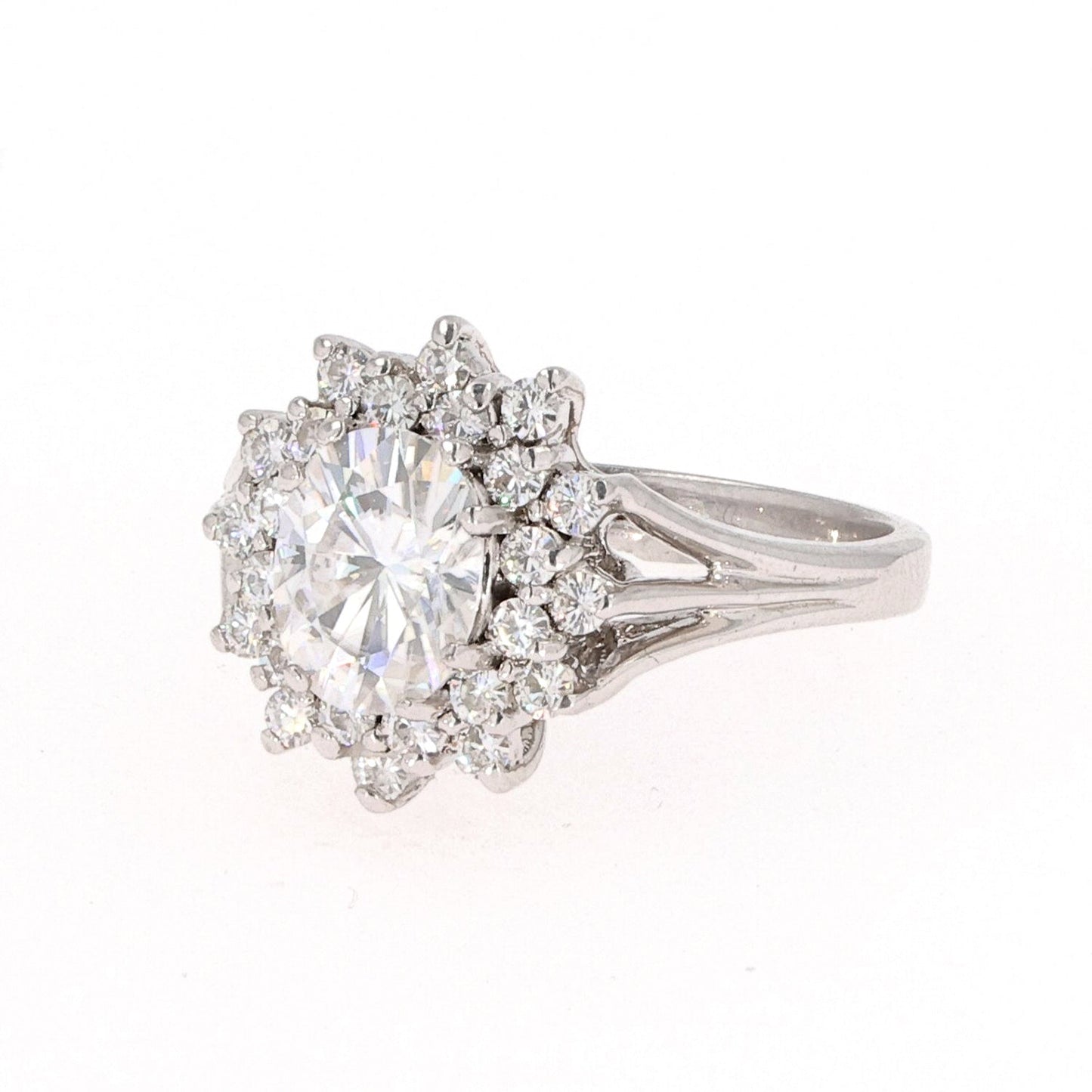 1.98 CTW DEW Oval Moissanite Floral Halo Ring in Sterling Silver