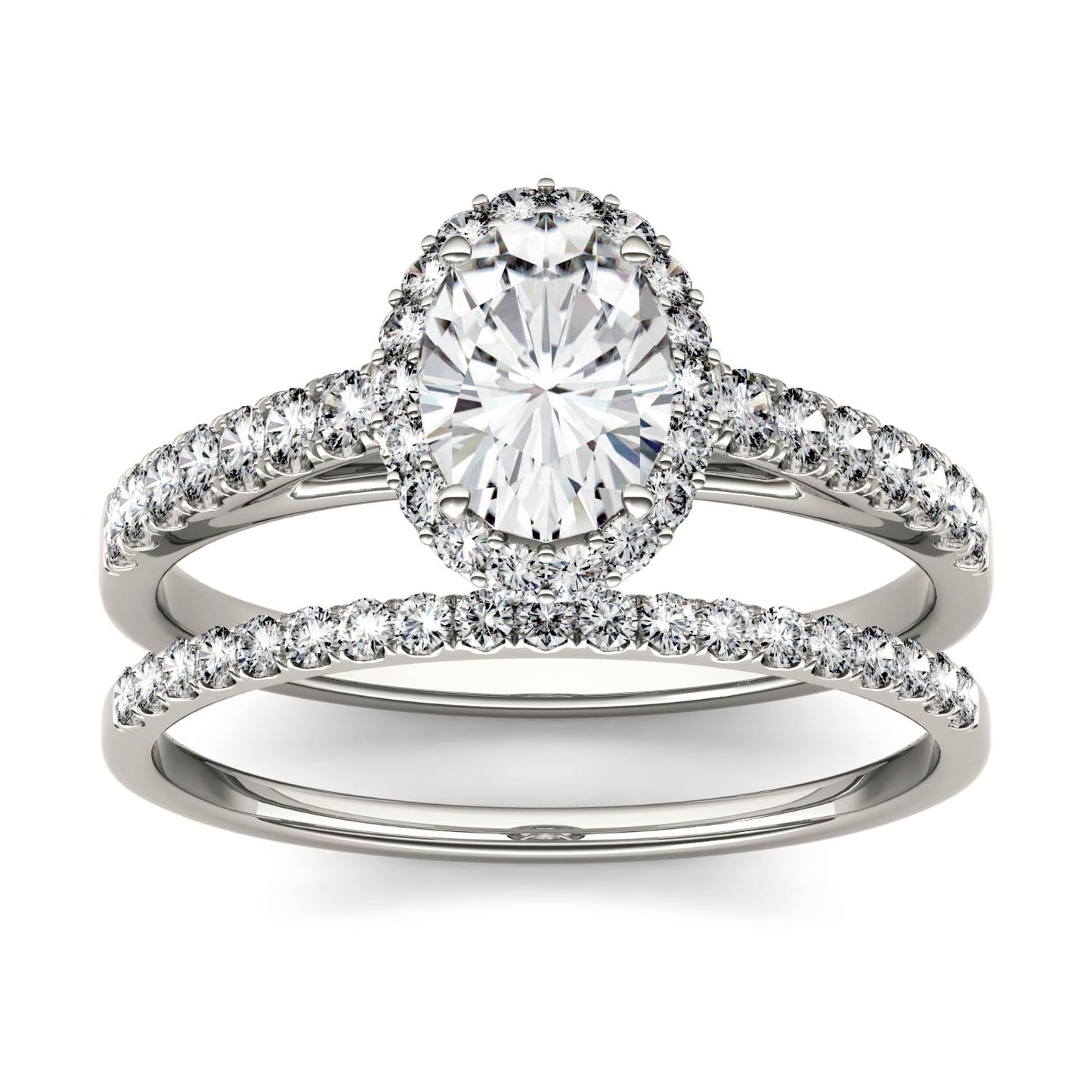 1.28 CTW DEW Oval Moissanite Side-Stone Halo Bridal Set in 14K White Gold