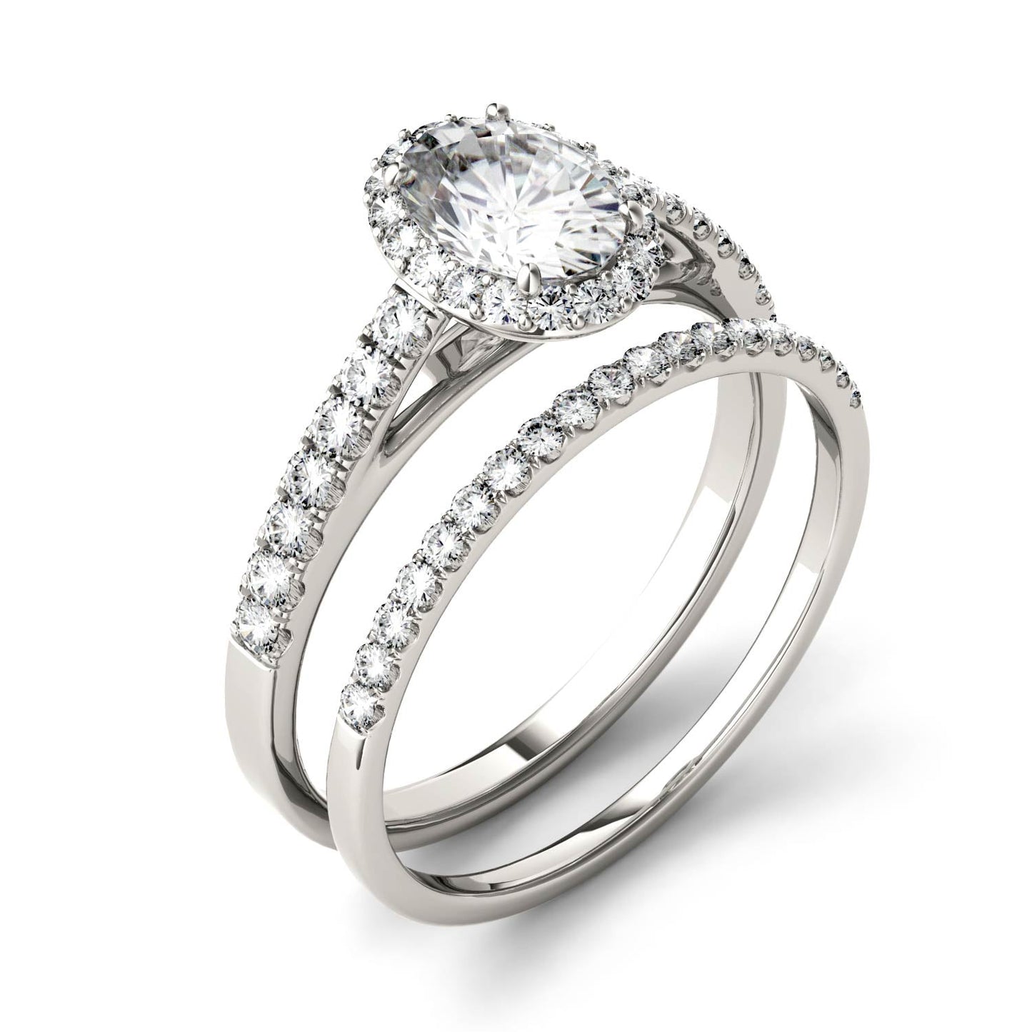 1.28 CTW DEW Oval Moissanite Side-Stone Halo Bridal Set in 14K White Gold