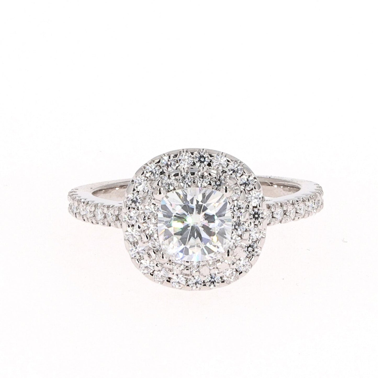 1.77 CTW DEW Cushion Moissanite Double Halo Engagement Ring in 14K White Gold