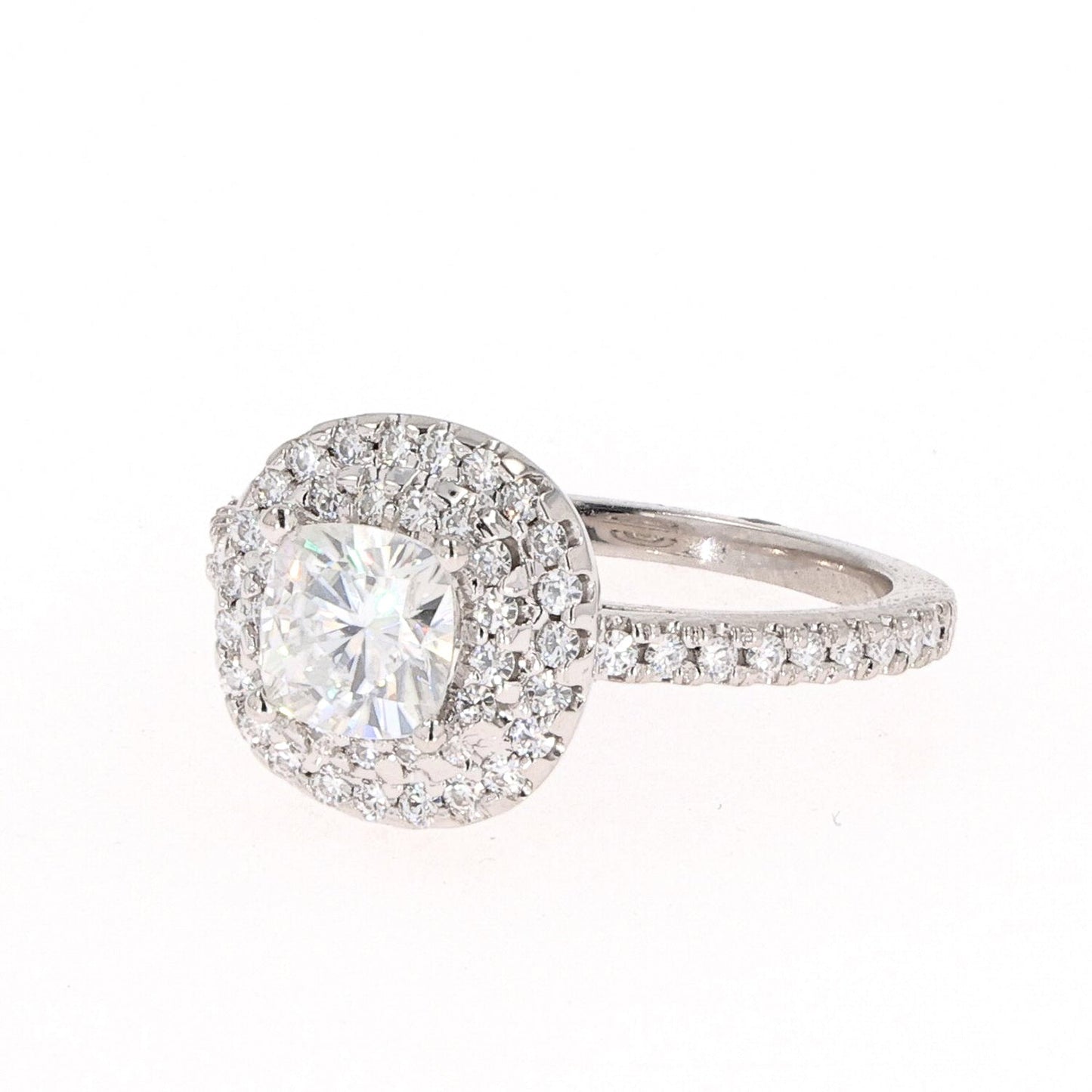 1.77 CTW DEW Cushion Moissanite Double Halo Engagement Ring in 14K White Gold