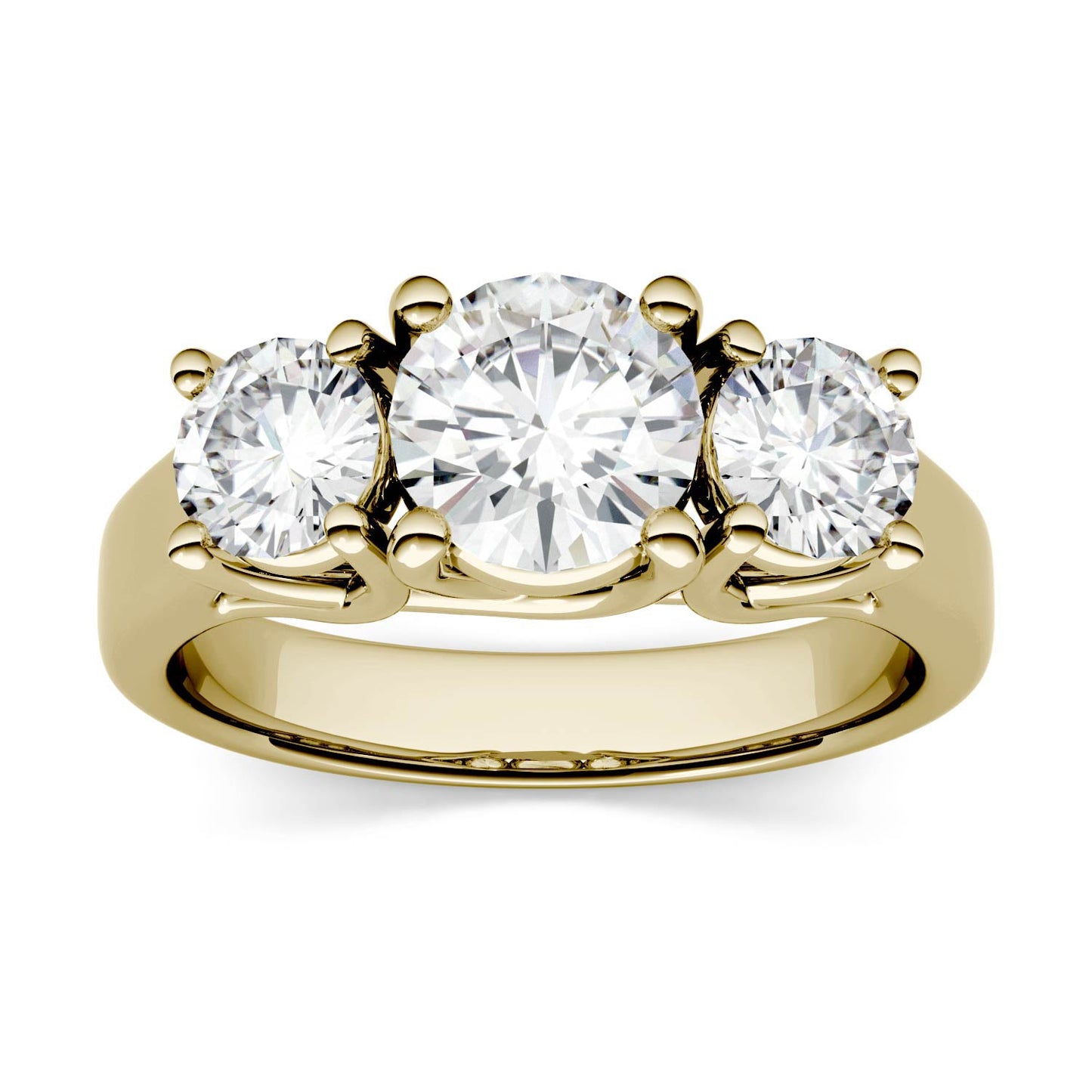 2.00 CTW DEW Round Moissanite Three-Stone Ring in 14K Yellow Gold