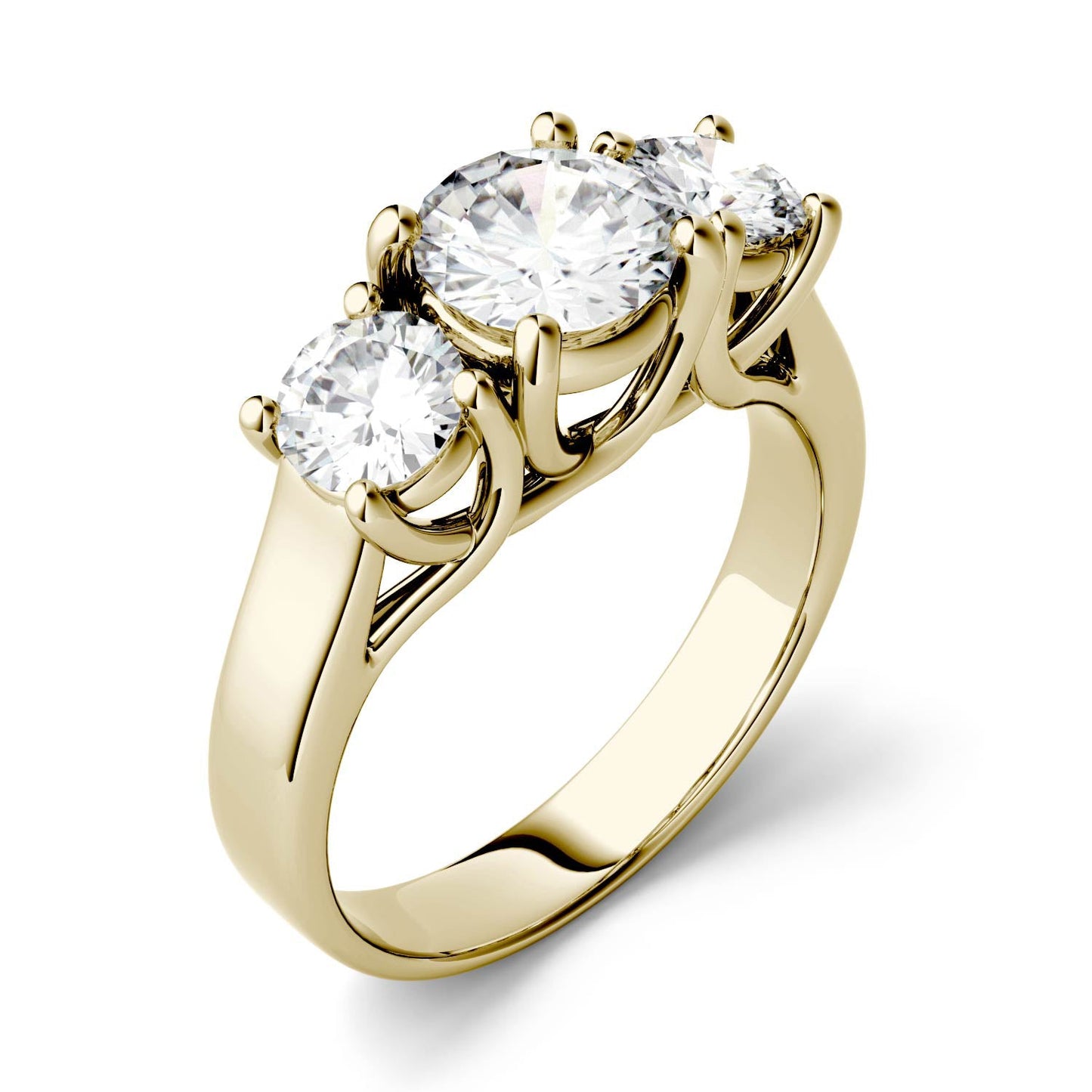 2.00 CTW DEW Round Moissanite Three-Stone Ring in 14K Yellow Gold