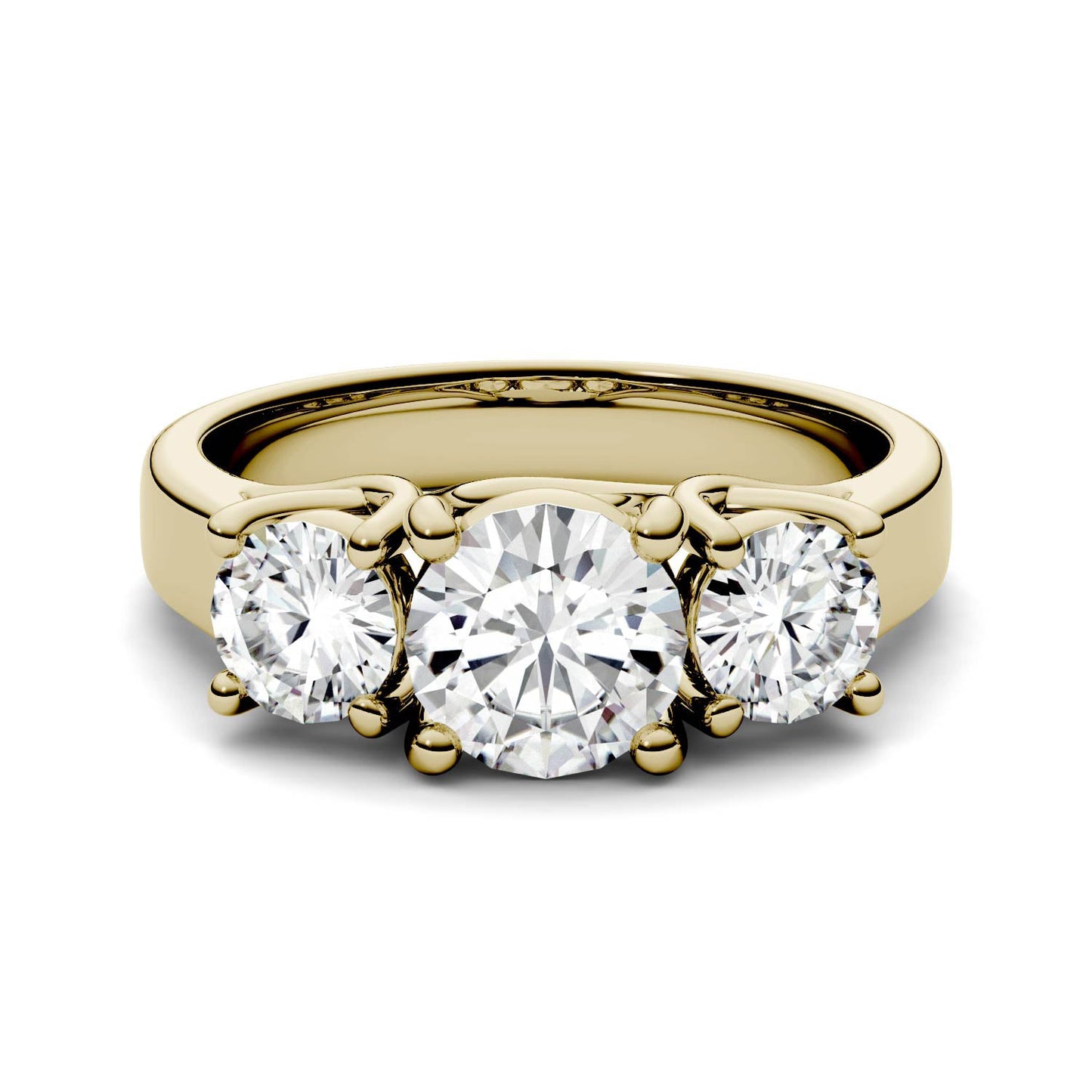 2.00 CTW DEW Round Moissanite Three-Stone Ring in 14K Yellow Gold