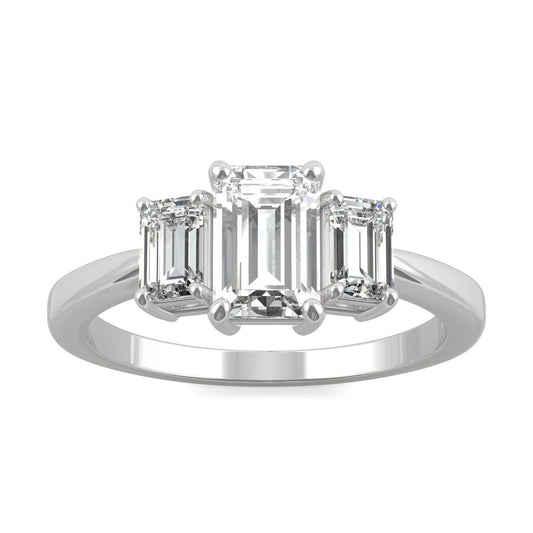 1.55 CTW DEW Emerald Moissanite Three-Stone Ring in 14K White Gold