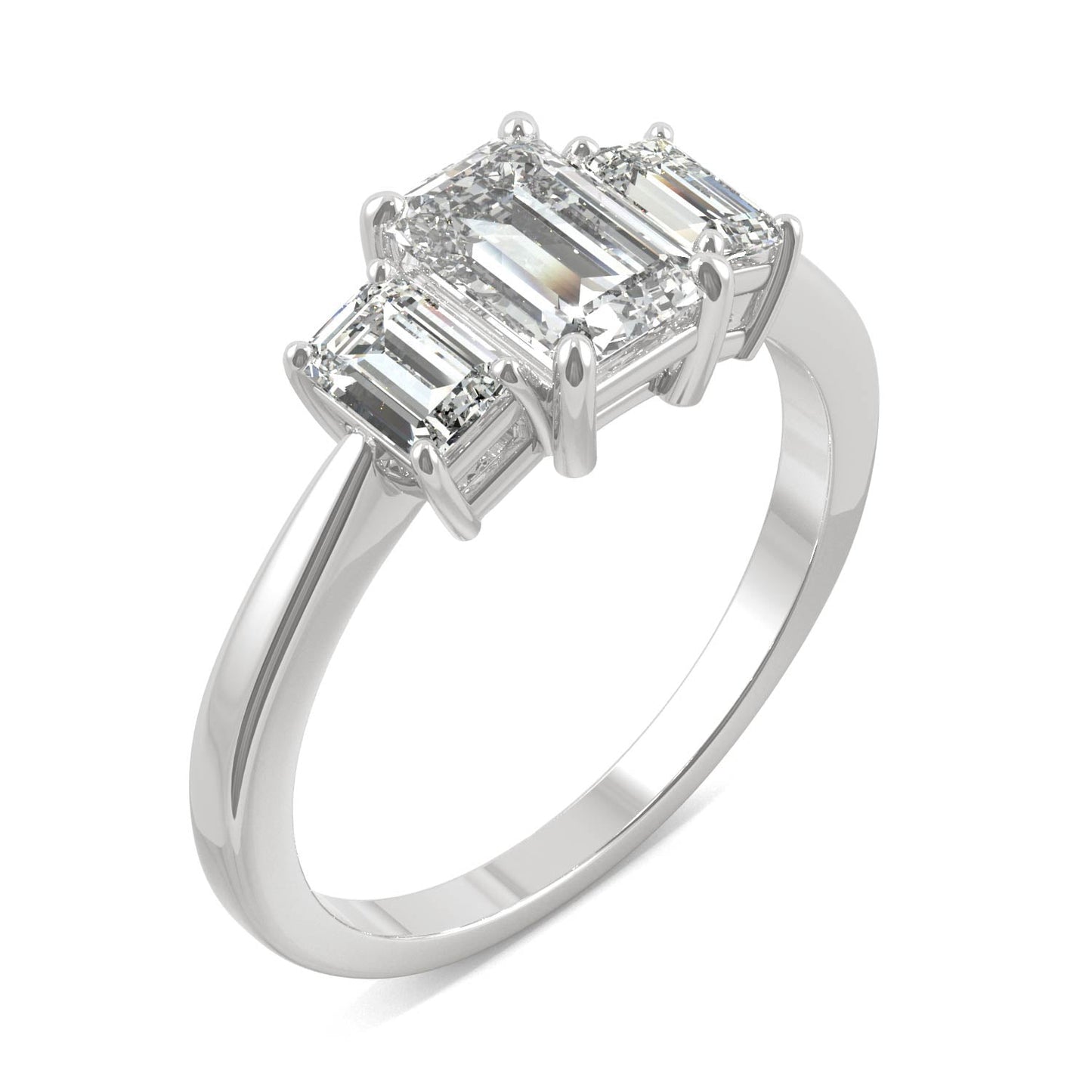 1.55 CTW DEW Emerald Moissanite Three-Stone Ring in 14K White Gold