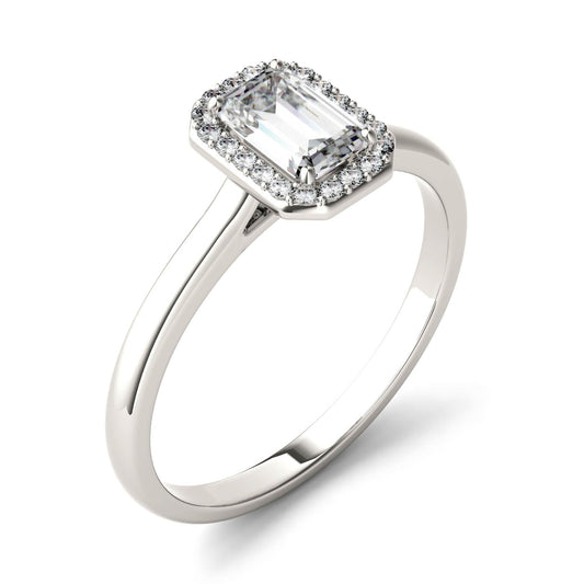 0.68 CTW DEW Emerald Moissanite Halo Ring in 14K White Gold