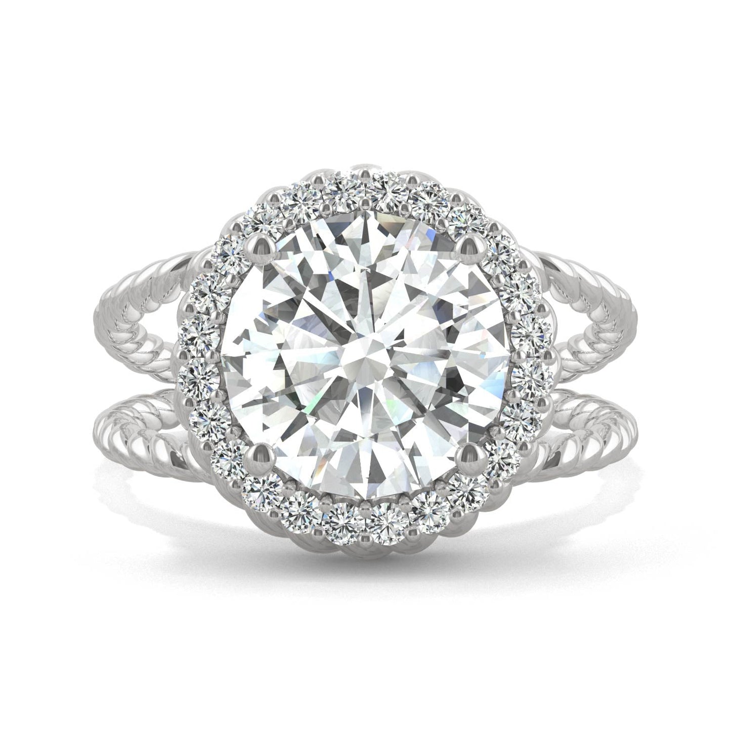 2.94 CTW DEW Round Moissanite Halo Split-Shank Engagement Ring in 14K White Gold