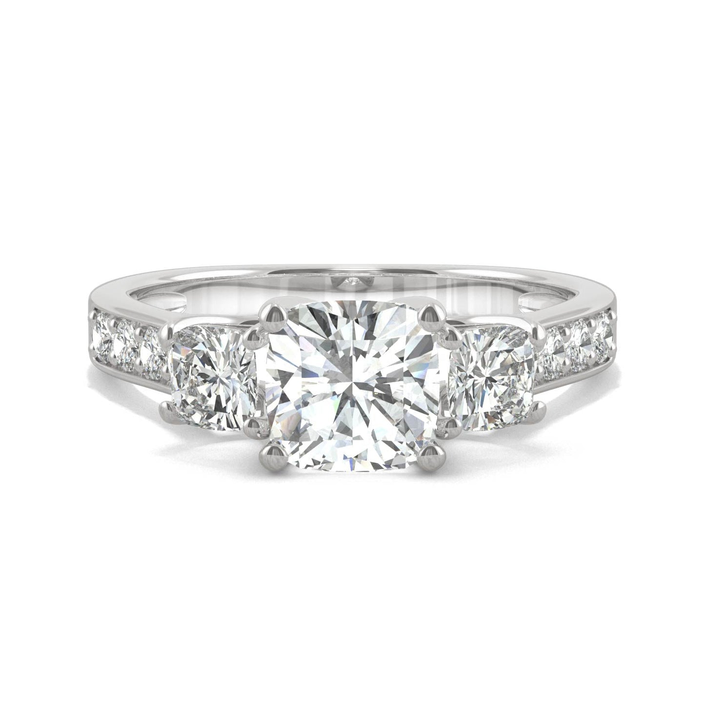 2.14 CTW DEW Cushion Moissanite Three-Stone Ring in 14K White Gold