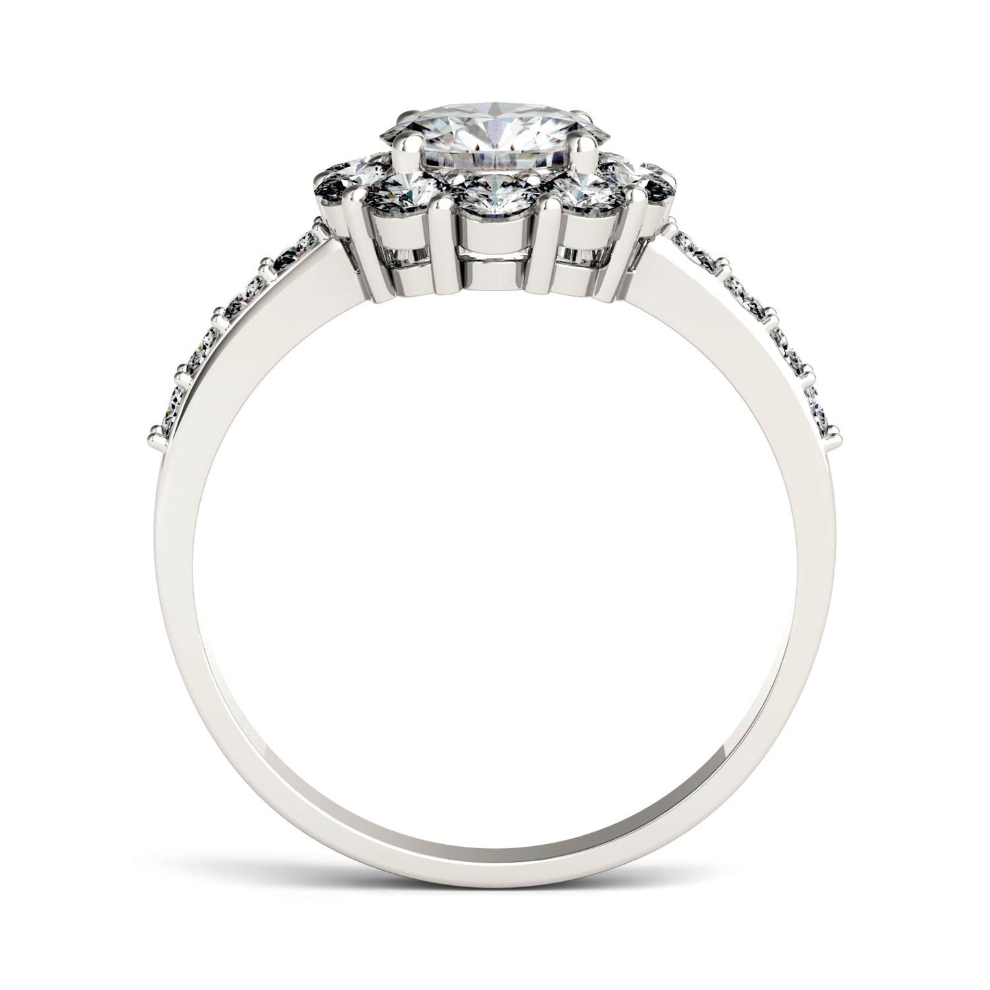 1.78 CTW DEW Round Moissanite Flower Halo Engagement Ring in 14K White Gold