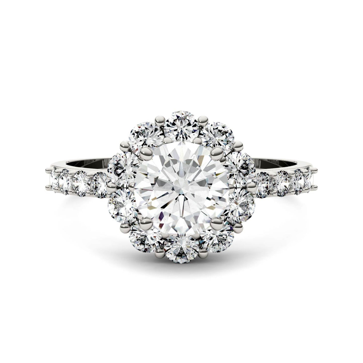 1.78 CTW DEW Round Moissanite Flower Halo Engagement Ring in 14K White Gold
