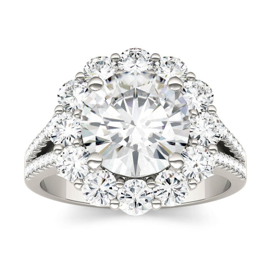 4.22 CTW DEW Round Moissanite Floral Halo Ring in 14K White Gold