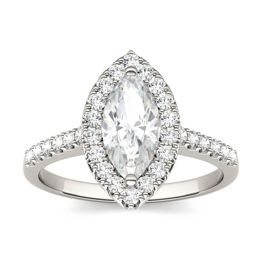 1.45 CTW DEW Marquise Moissanite Halo Ring in 14K White Gold