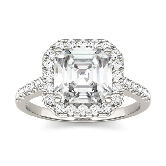 2.69 CTW DEW Asscher Moissanite Halo Ring in 14K White Gold