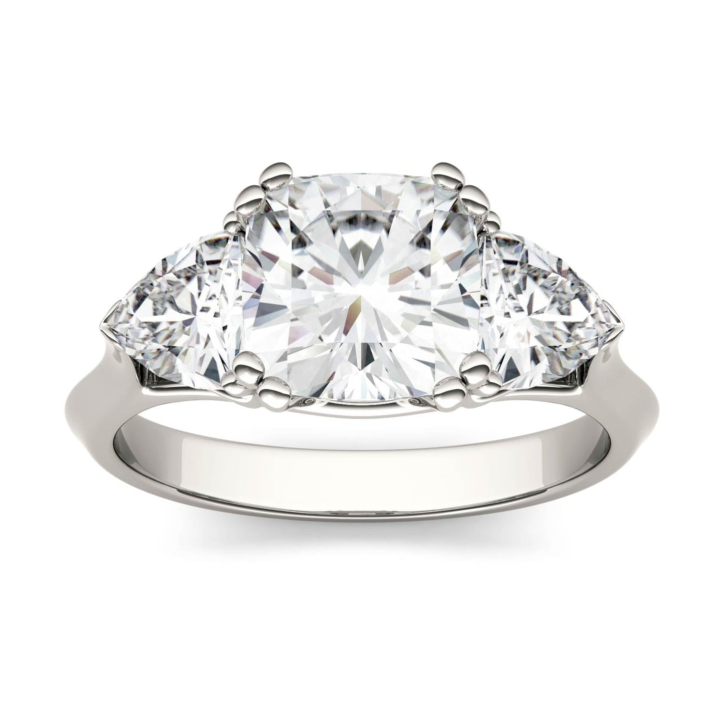 3.00 CTW DEW Cushion Moissanite Three Stone Ring in 14K White Gold