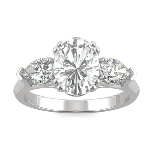 2.96 CTW DEW Oval Moissanite Three-Stone Engagement Ring in 14K White Gold
