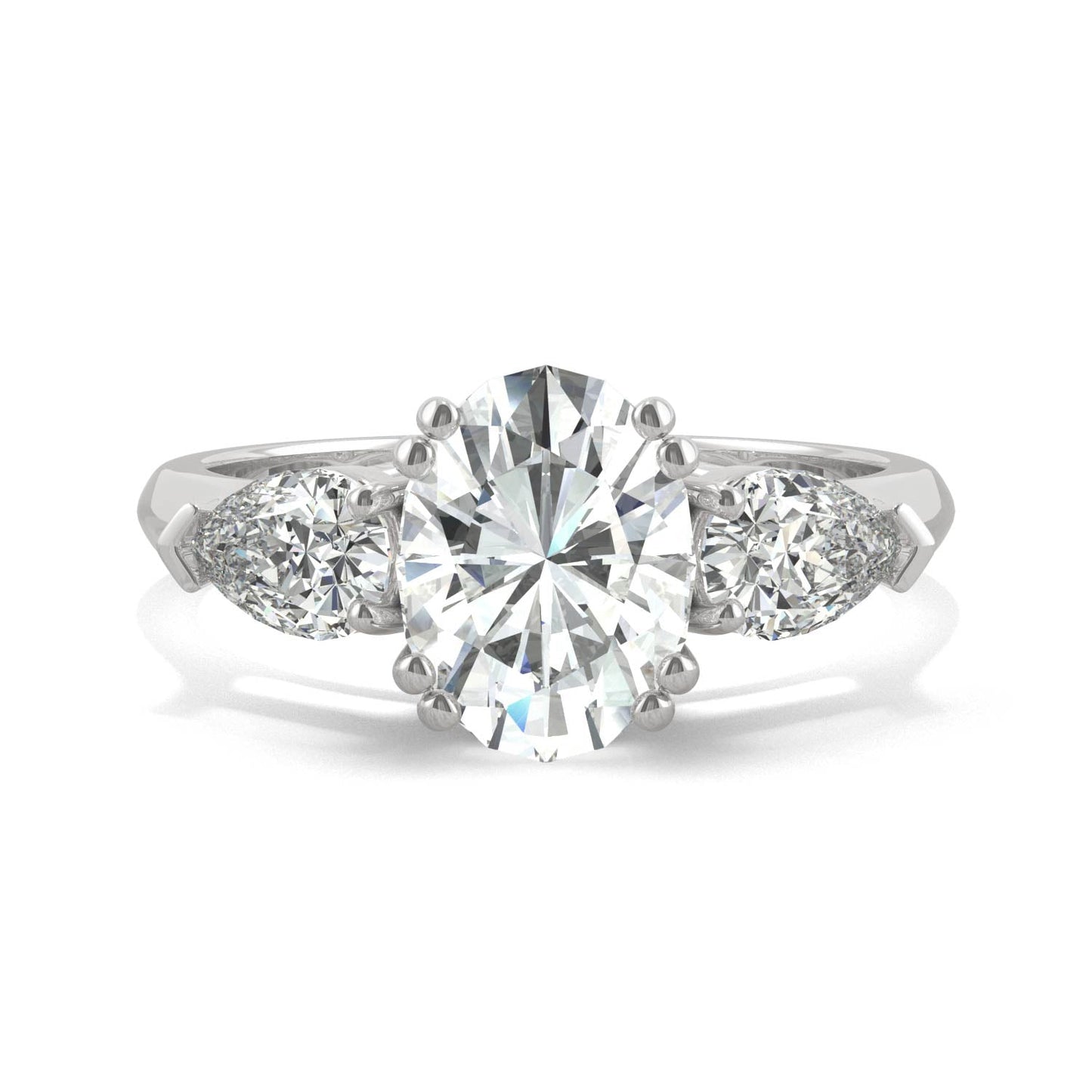 2.96 CTW DEW Oval Moissanite Three-Stone Engagement Ring in 14K White Gold