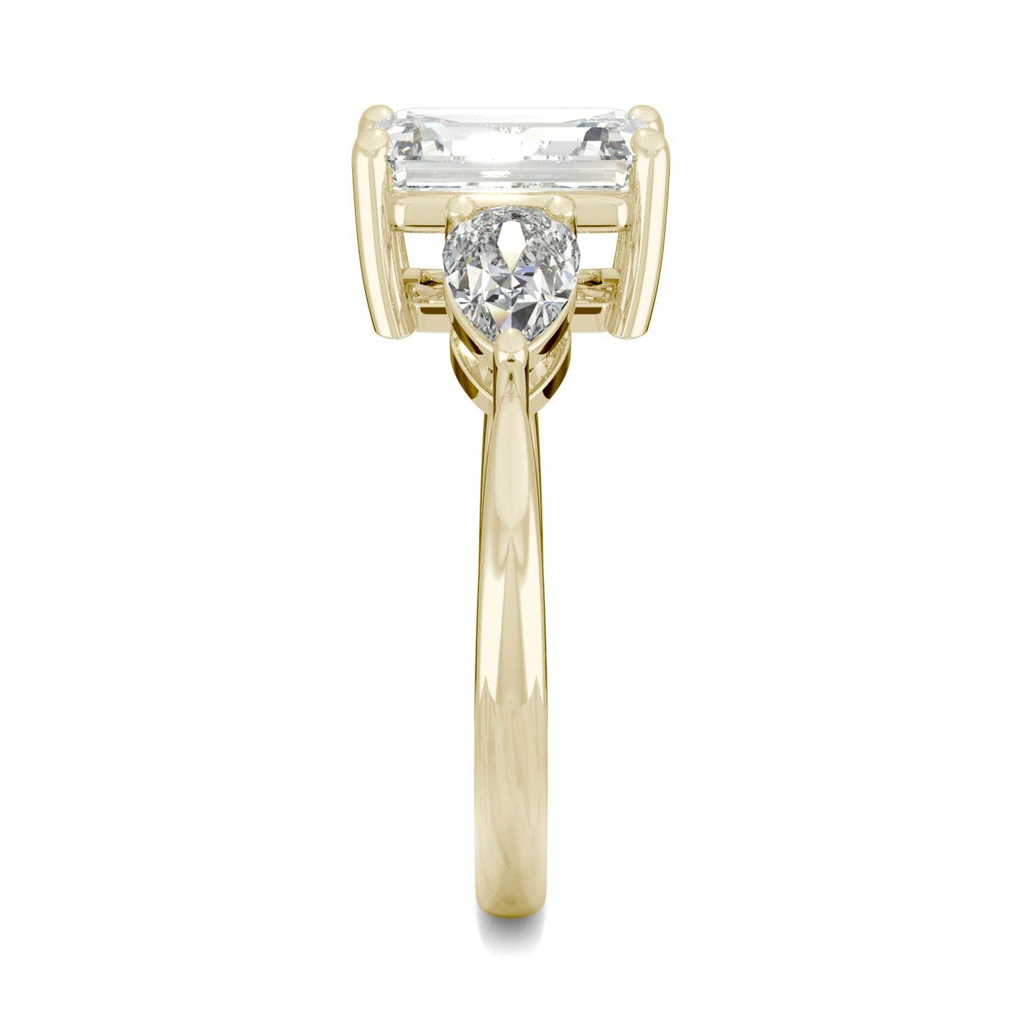 3.38 CTW DEW Emerald and Pear Three-Stone Moissanite Engagement Ring in 14K Yellow Gold