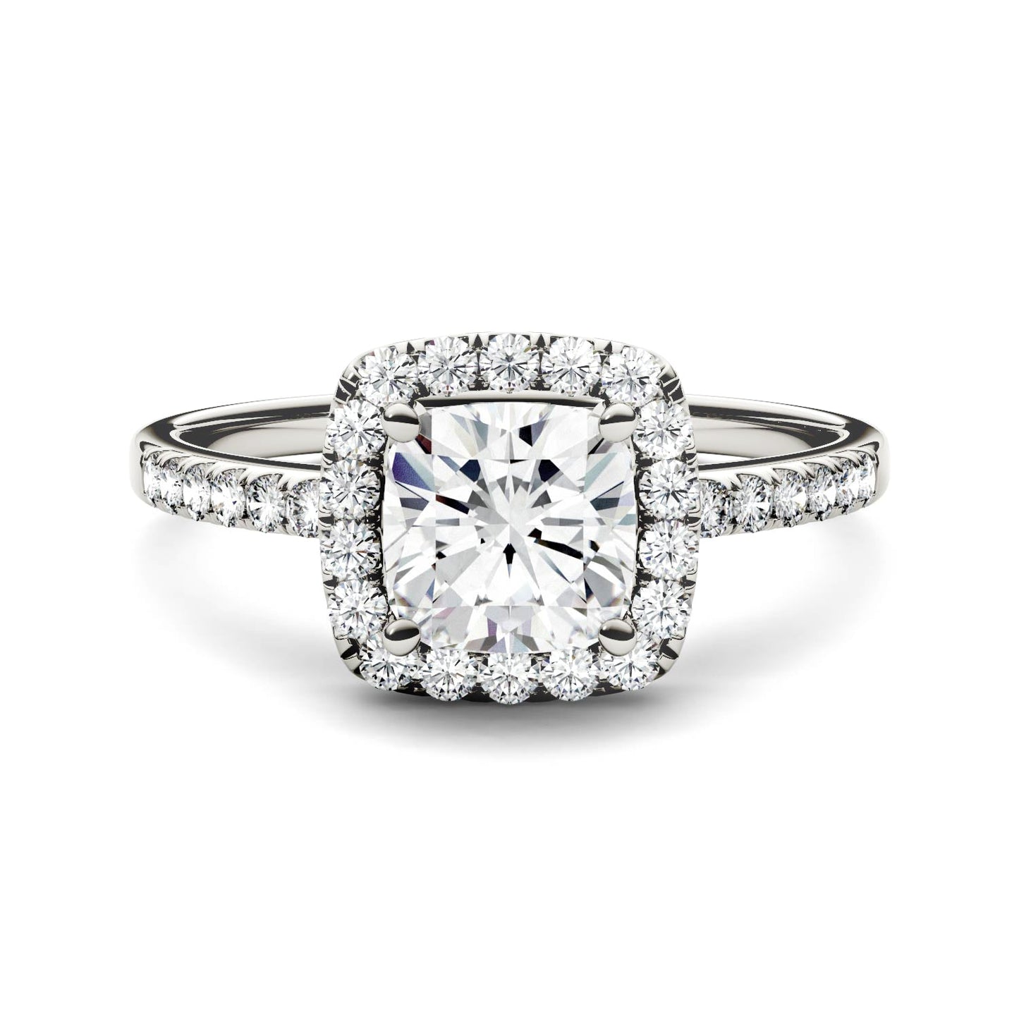 1.40 CTW DEW Cushion Moissanite Side-Stone Halo Engagement Ring in 14K White Gold