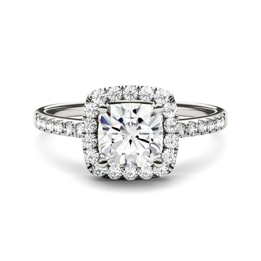 1.40 CTW DEW Cushion Moissanite Side-Stone Halo Engagement Ring in 14K White Gold