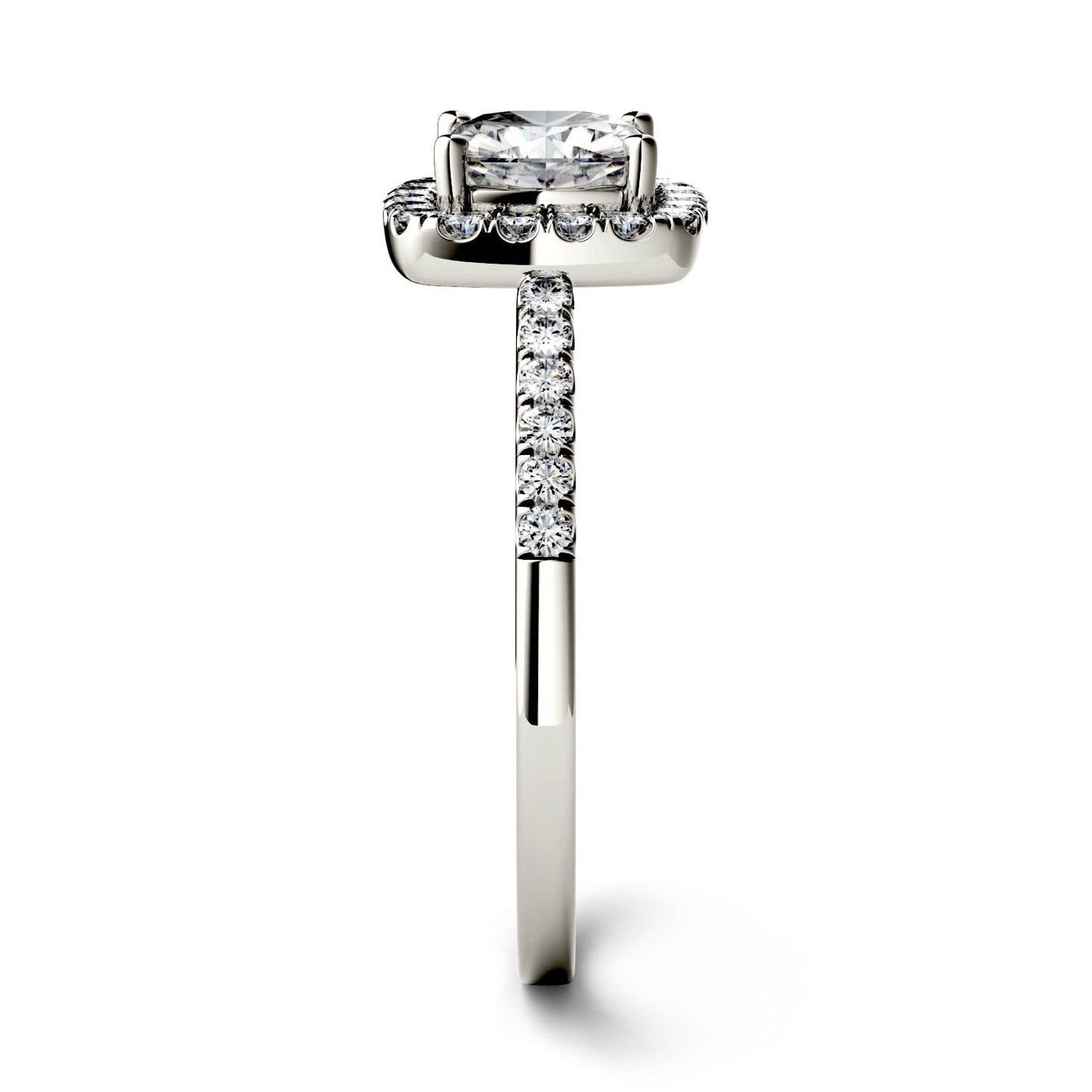 1.40 CTW DEW Cushion Moissanite Side-Stone Halo Engagement Ring in 14K White Gold
