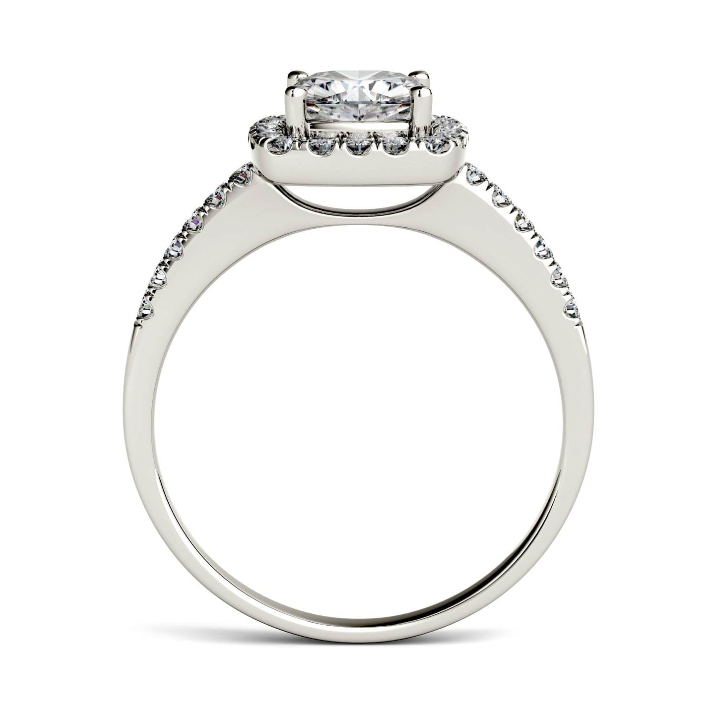 1.40 CTW DEW Cushion Moissanite Side-Stone Halo Engagement Ring in 14K White Gold