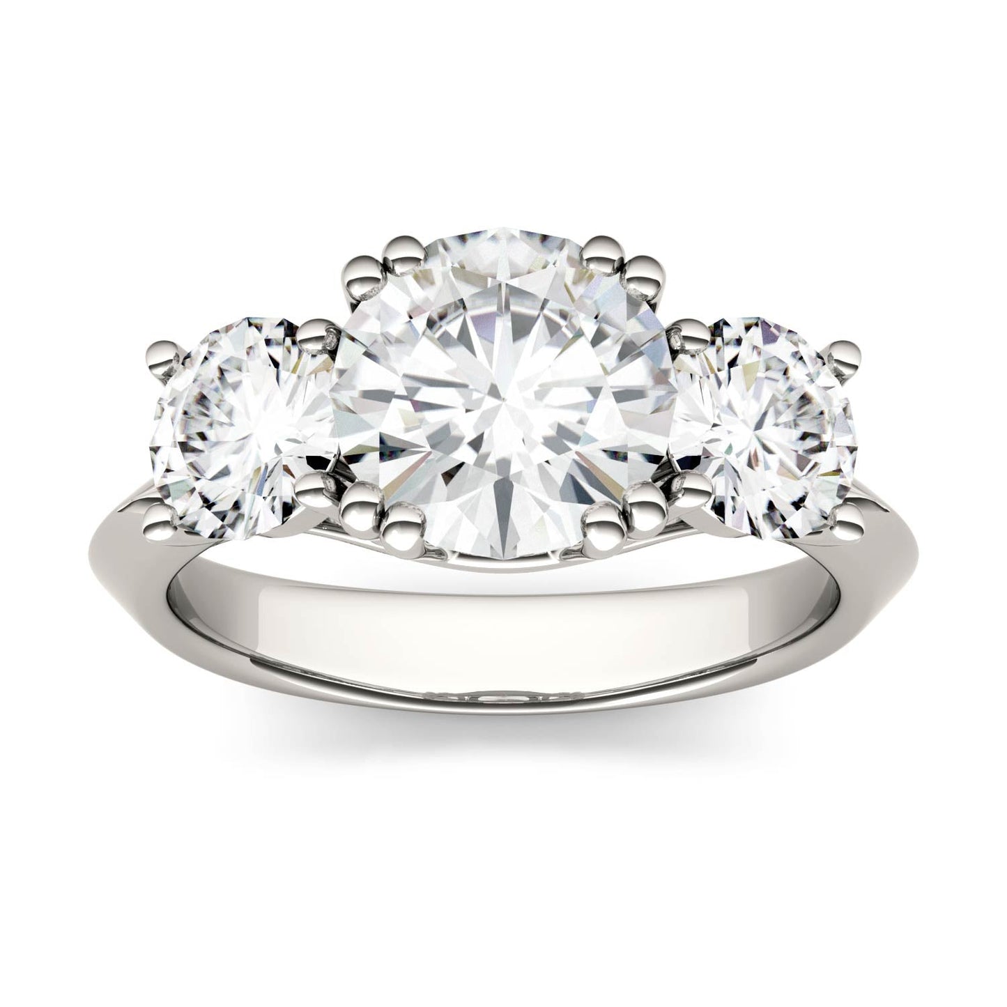 3.10 CTW DEW Round Moissanite Three-Stone Ring in 14K White Gold
