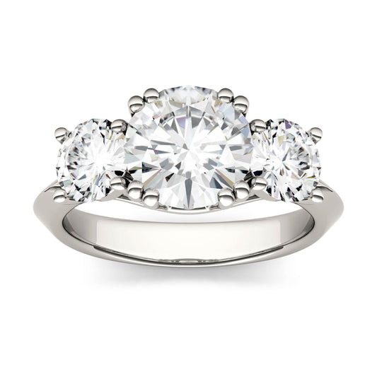 3.10 CTW DEW Round Moissanite Three-Stone Ring in 14K White Gold