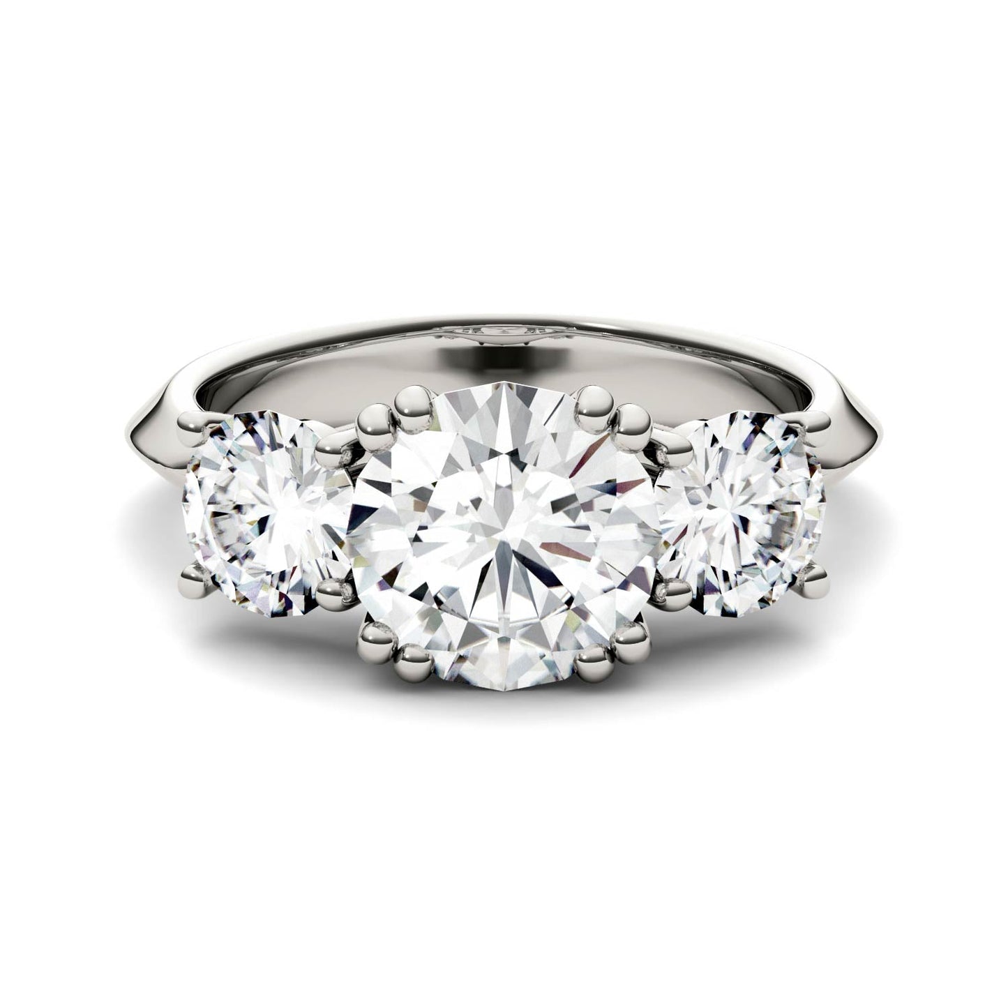 3.10 CTW DEW Round Moissanite Three-Stone Ring in 14K White Gold