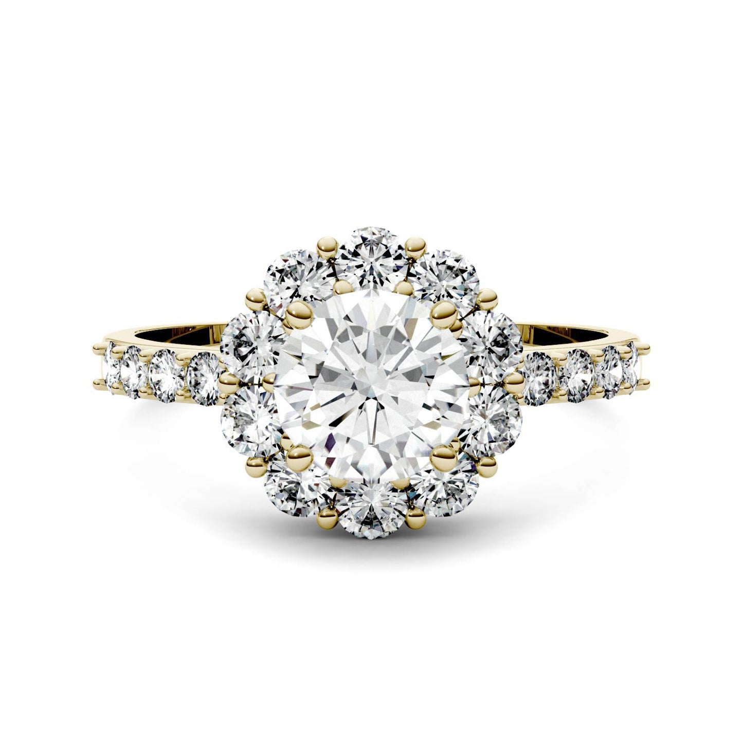 1.78 CTW DEW Round Moissanite Halo Ring in 14K Yellow Gold