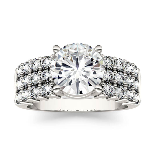 2.92 CTW DEW Round Moissanite Three-Row Engagement Ring in 14K White Gold