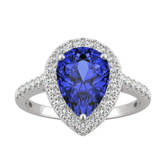 2.98 CTW DEW Pear Sapphire Halo Ring in 14K White Gold