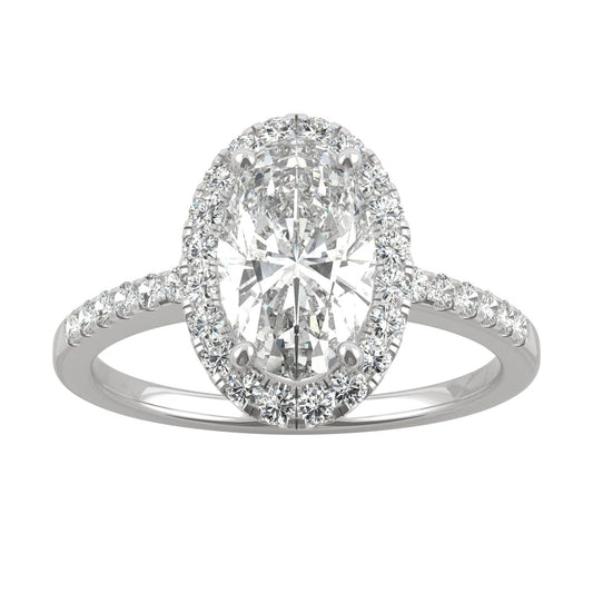 2.62 CTW DEW Elongated Oval Moissanite Halo Ring in 14K White Gold