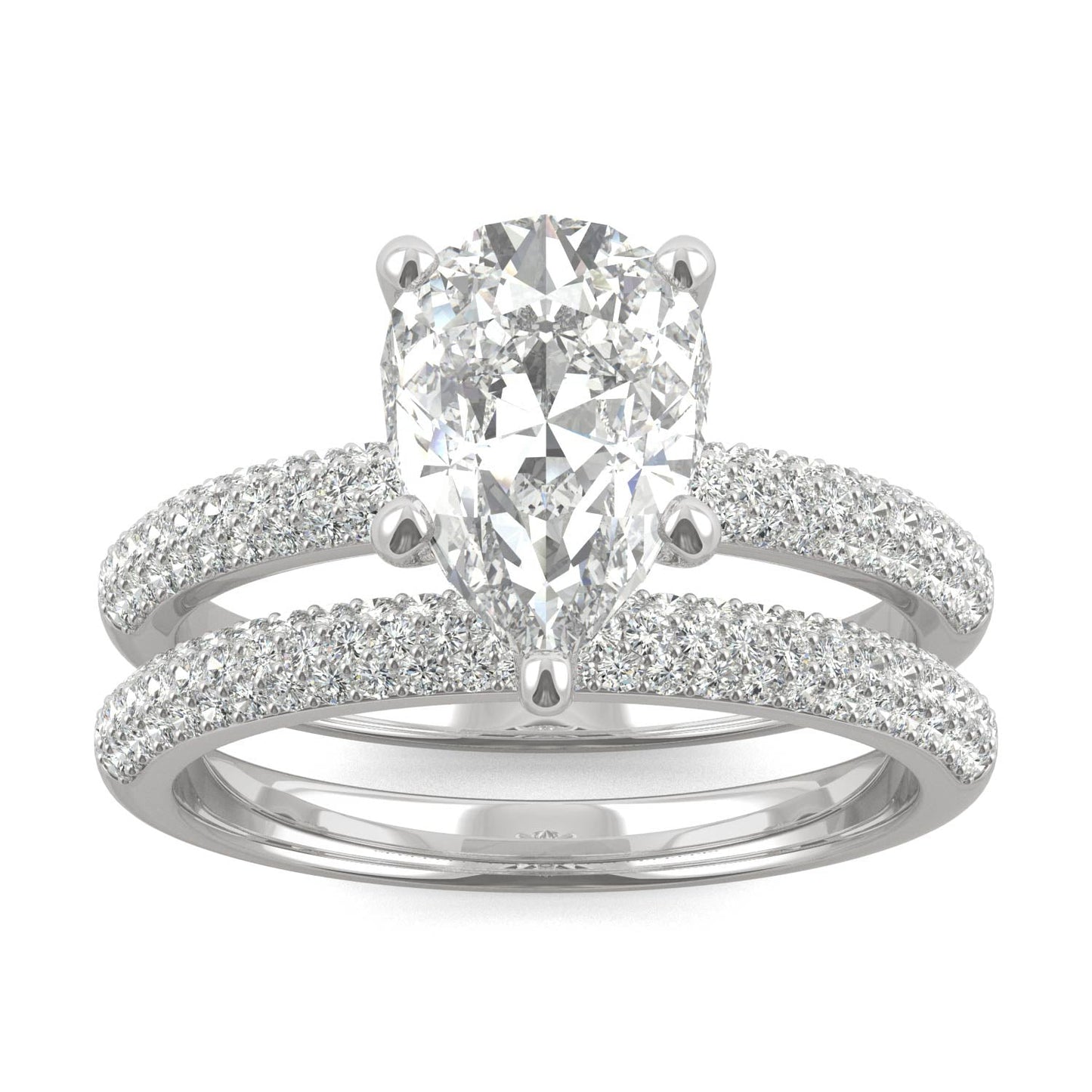 2.54 CTW DEW Pear Side-Stone Moissanite Bridal Set in 14K White Gold
