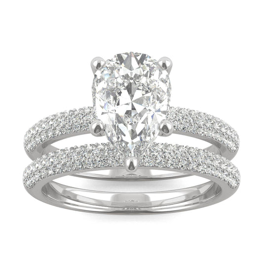 2.54 CTW DEW Pear Side-Stone Moissanite Bridal Set in 14K White Gold