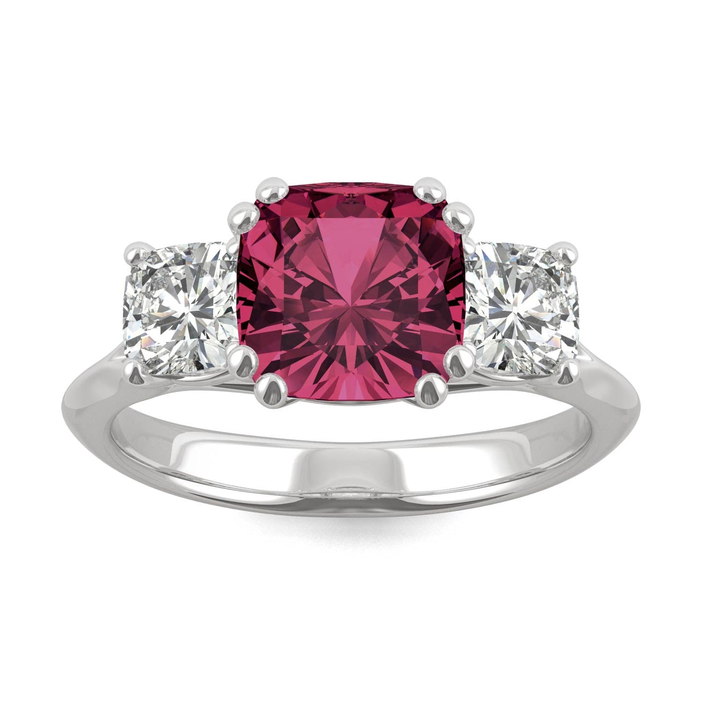 1.00 CTW DEW Cushion Ruby Three-Stone Ring in 14K White Gold