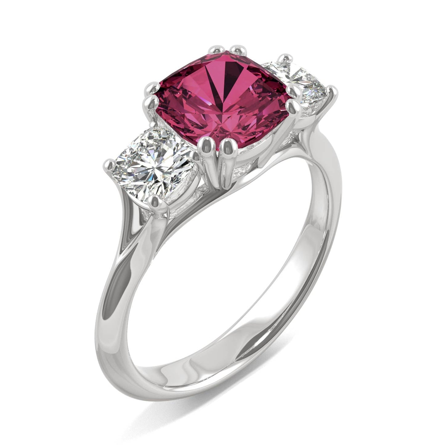1.00 CTW DEW Cushion Ruby Three-Stone Ring in 14K White Gold