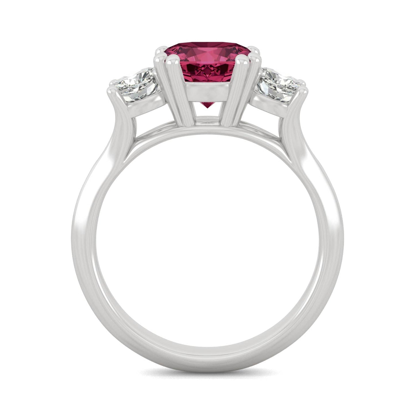 1.00 CTW DEW Cushion Ruby Three-Stone Ring in 14K White Gold