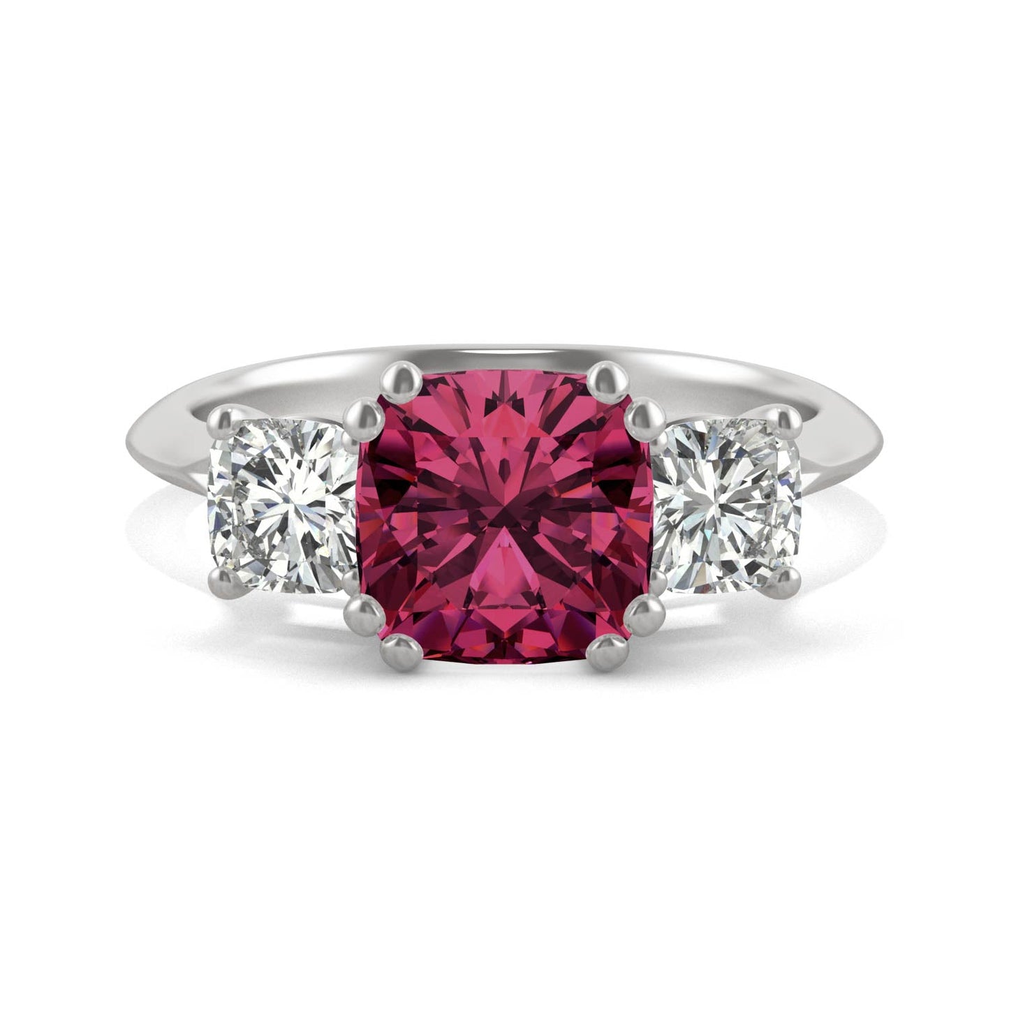 1.00 CTW DEW Cushion Ruby Three-Stone Ring in 14K White Gold