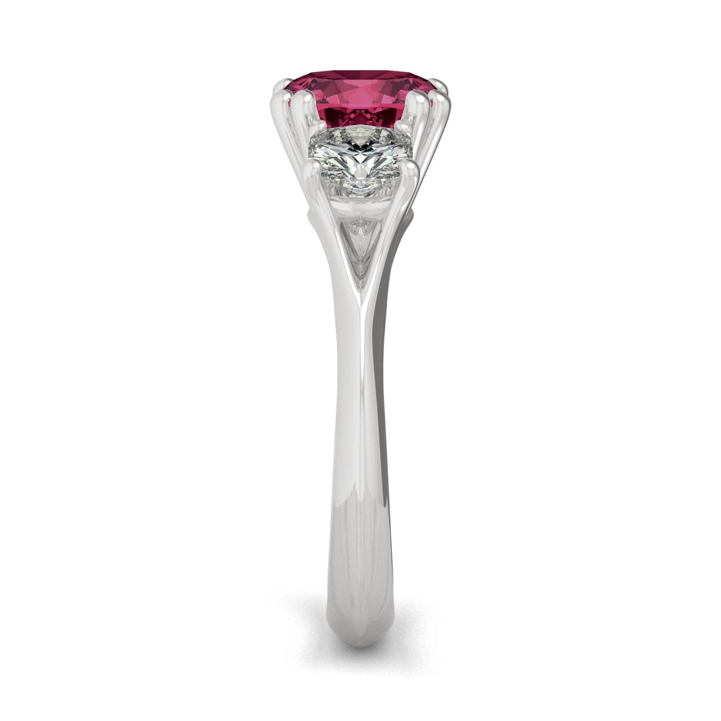 1.00 CTW DEW Cushion Ruby Three-Stone Ring in 14K White Gold