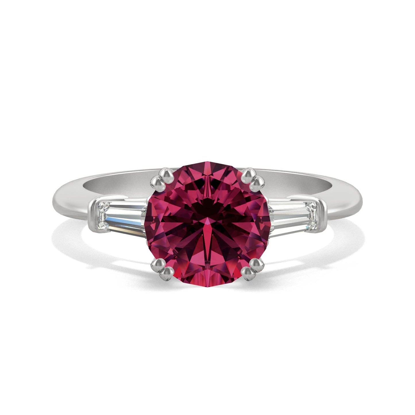 3.07 CTW DEW Round Ruby Three-Stone Basket Ring in 14K White Gold